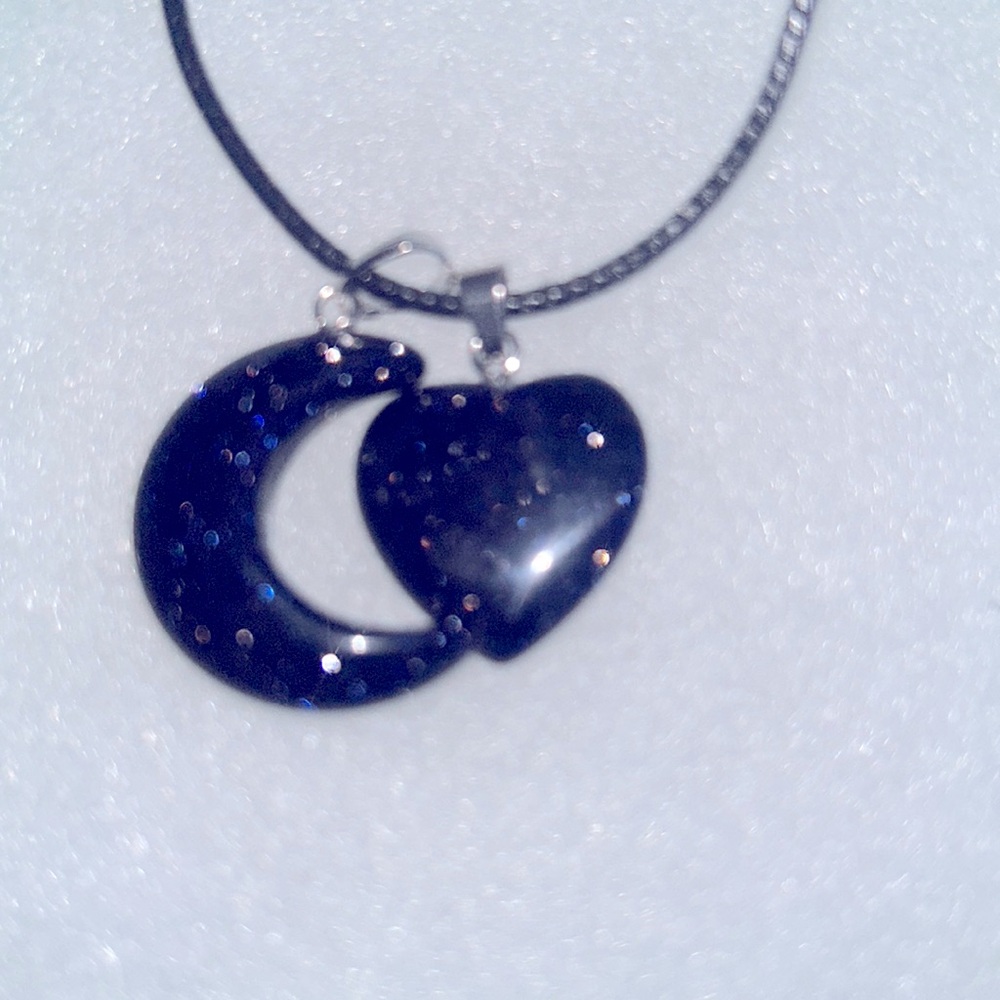 Gothic Blue Goldstone Moon and Heart Black Cord 18-20" Necklace